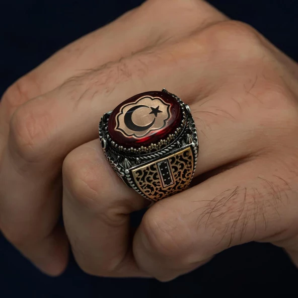 Kırmızı Taşlı Ayyıldız Desenli 925 Gümüş Erkek Yüzük - Resim 6