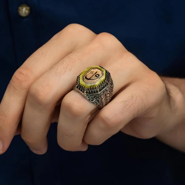 Elif Vav Harfli Sarı Taşlı 925 Gümüş Erkek Yüzük - Resim 4