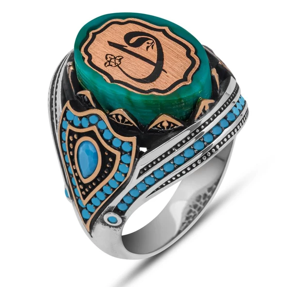 Elif Vav Harfli Mavi Taşlı 925 Gümüş Erkek Yüzük - 2