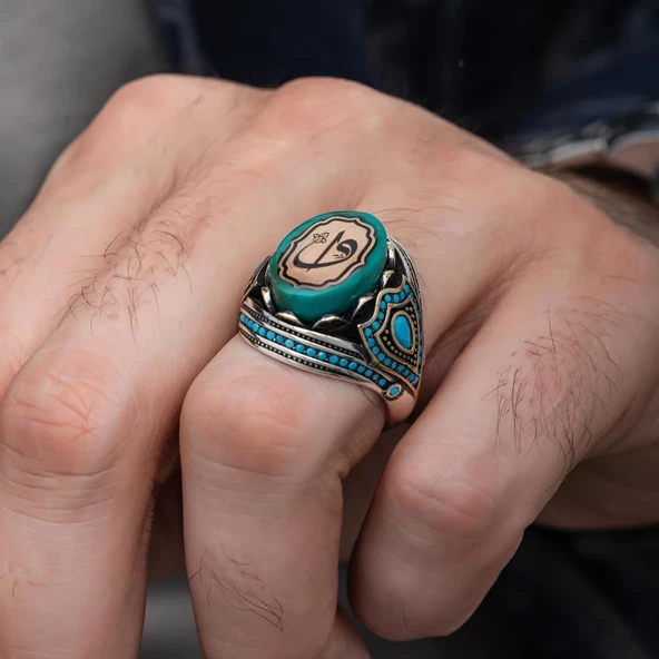 Elif Vav Harfli Mavi Taşlı 925 Gümüş Erkek Yüzük - 3