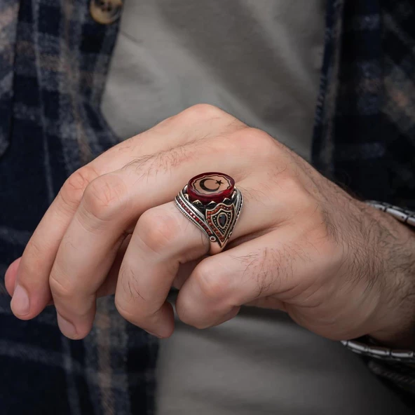 Ayyıldız Kırmızı Taşlı 925 Gümüş Erkek Yüzük - Resim 4