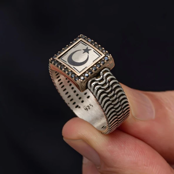 Ayyıldız Bayrak Desenli 925 Gümüş Yüzük - 6