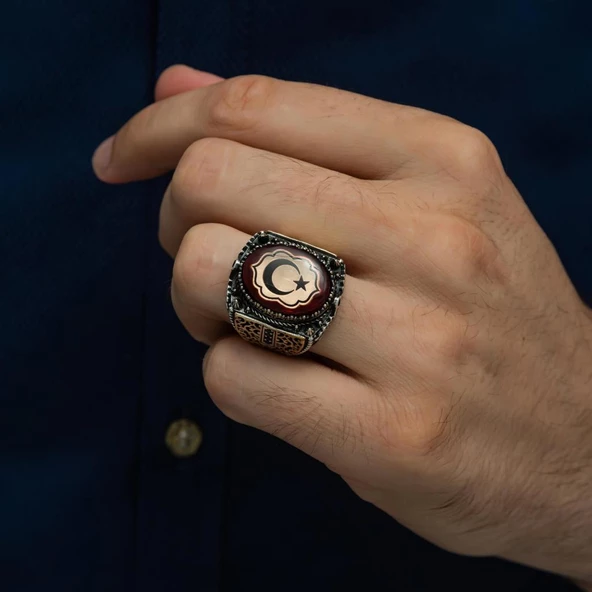 Kırmızı Taşlı Ayyıldız Desenli 925 Gümüş Erkek Yüzük - Resim 8
