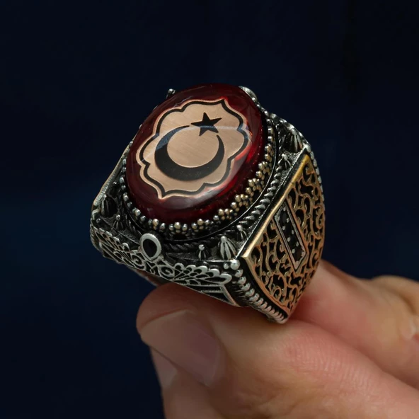 Kırmızı Taşlı Ayyıldız Desenli 925 Gümüş Erkek Yüzük - Resim 7