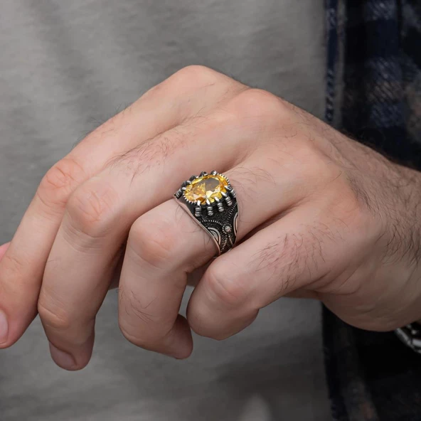 Sarı Taşlı Pençeli Harfli 925 Gümüş Erkek Yüzük - Resim 5