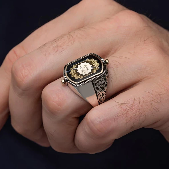 Çift Taraflı İsimli Siyah Mineli 925 Gümüş Erkek Yüzük - Resim 12