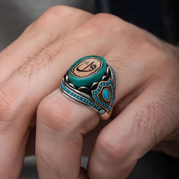 Elif Vav Harfli Mavi Taşlı 925 Gümüş Erkek Yüzük - 4