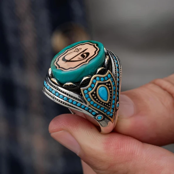 Elif Vav Harfli Mavi Taşlı 925 Gümüş Erkek Yüzük - 8