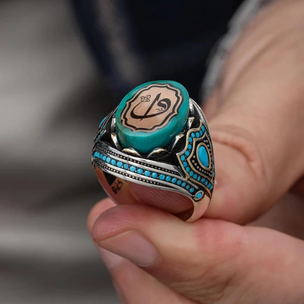 Elif Vav Harfli Mavi Taşlı 925 Gümüş Erkek Yüzük - 6