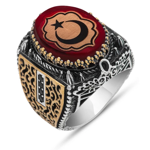 Kırmızı Taşlı Ayyıldız Desenli 925 Gümüş Erkek Yüzük - Resim 2