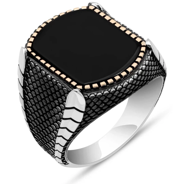 Oniks Siyah Taşlı İsimli 925 Gümüş Erkek Yüzük - Resim 2