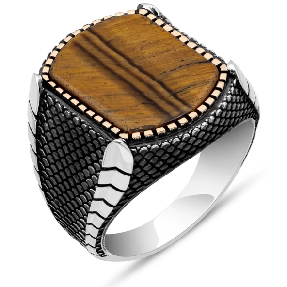 Kaplan Gözü Taşlı 925 Gümüş Erkek Yüzük - Resim 2