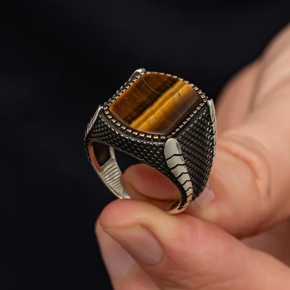 Kaplan Gözü Taşlı 925 Gümüş Erkek Yüzük - Resim 7