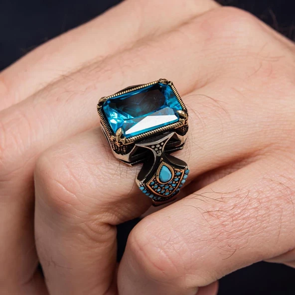 Kare Aqua Mavi Taşlı 925 Gümüş Erkek Yüzük - Resim 9