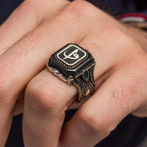 Kare Elif Vav Harfli 925 Gümüş Erkek Yüzük - Resim 7