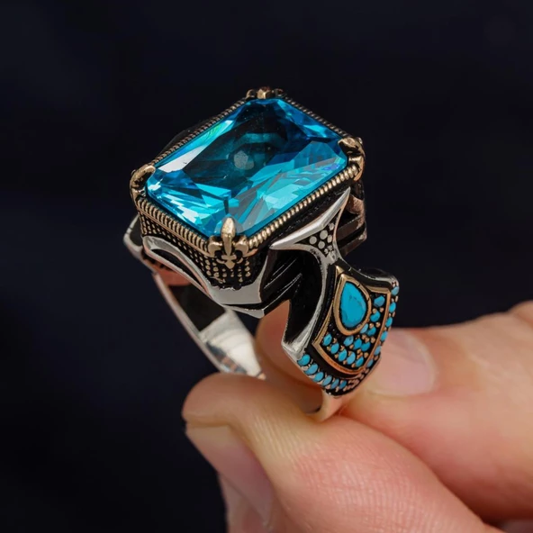 Kare Aqua Mavi Taşlı 925 Gümüş Erkek Yüzük - Resim 5