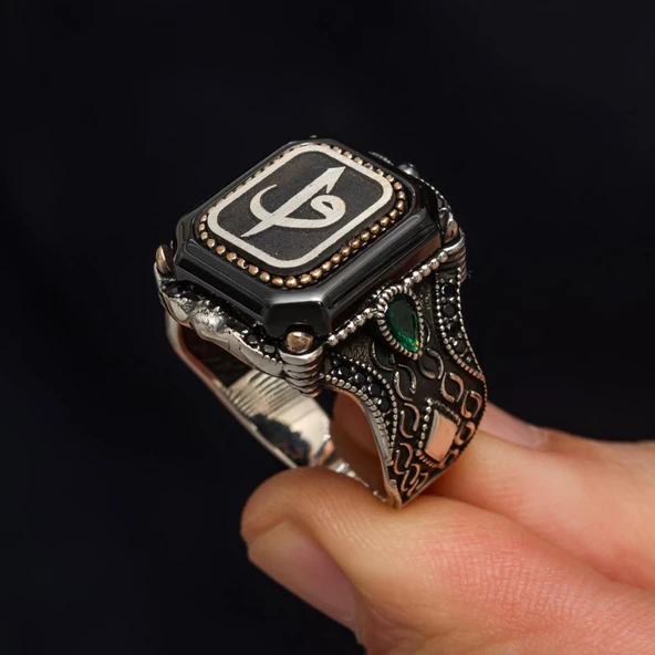 Kare Elif Vav Harfli 925 Gümüş Erkek Yüzük - Resim 6