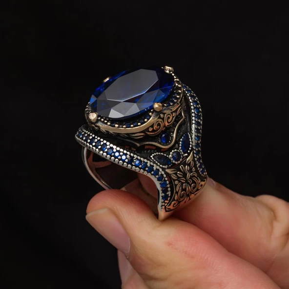 Parlament Mavisi Taşlı 925 Gümüş Erkek Yüzük - 7