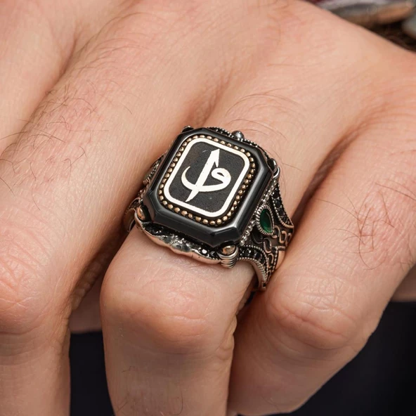 Kare Elif Vav Harfli 925 Gümüş Erkek Yüzük - Resim 3