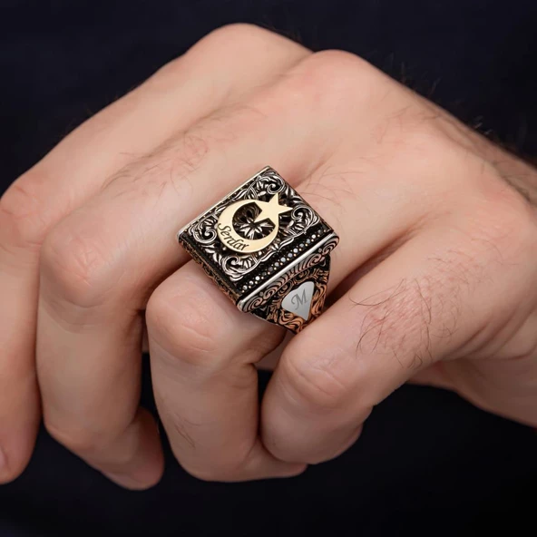 Ayyıldız Desenli İsimli 925 Gümüş Erkek Yüzük - Resim 8