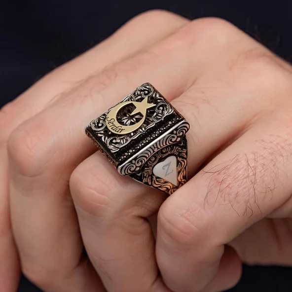 Ayyıldız Desenli İsimli 925 Gümüş Erkek Yüzük - Resim 6