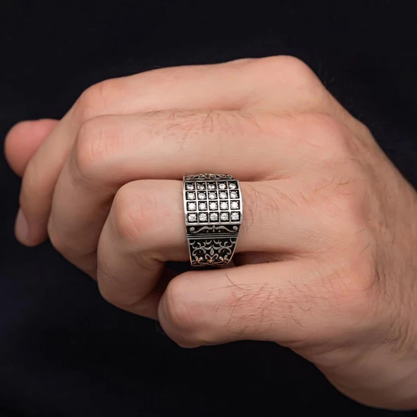 Zirkon Beyaz Sıra Taşlı 925 Gümüş Erkek Yüzük - Resim 7