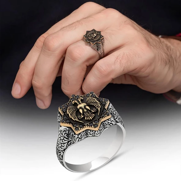 Çift Başlı Kartal Motifli 925 Gümüş Erkek Yüzük ürün görseli