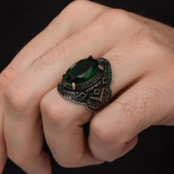 Yeşil Taşlı Oval 925 Gümüş Erkek Yüzük - Resim 8