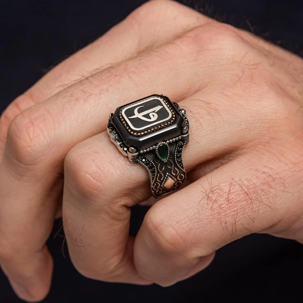 Kare Elif Vav Harfli 925 Gümüş Erkek Yüzük - Resim 9