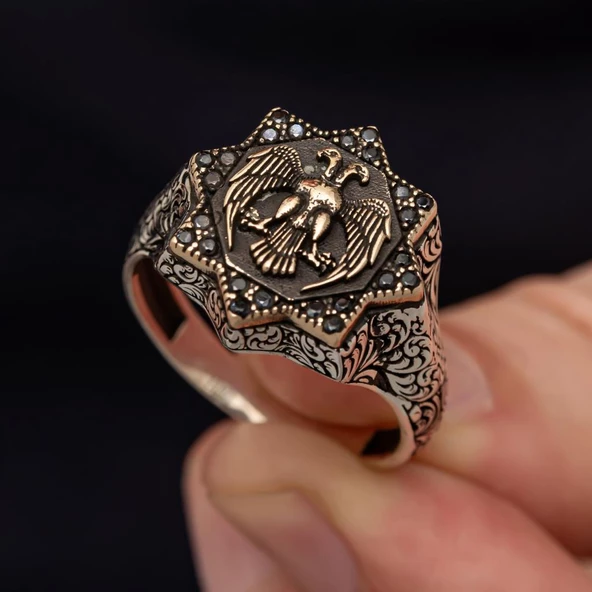 Çift Başlı Kartal Motifli 925 Gümüş Erkek Yüzük - Resim 10