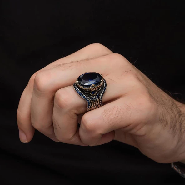 Parlament Mavisi Taşlı 925 Gümüş Erkek Yüzük - 4