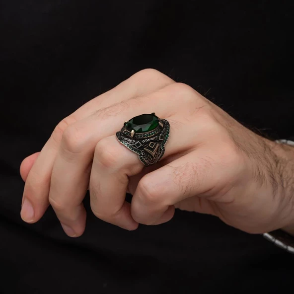 Yeşil Taşlı Oval 925 Gümüş Erkek Yüzük - Resim 4