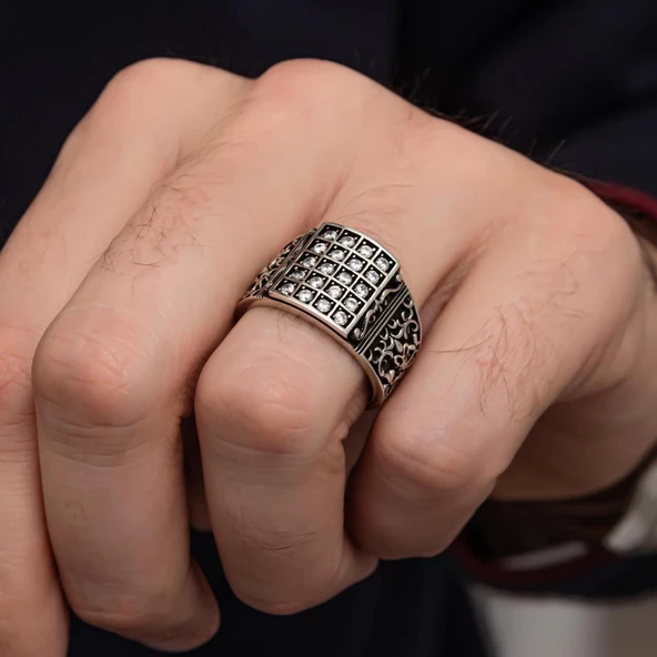 Zirkon Beyaz Sıra Taşlı 925 Gümüş Erkek Yüzük - Resim 5