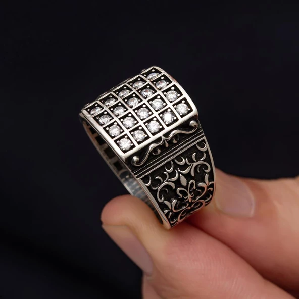 Zirkon Beyaz Sıra Taşlı 925 Gümüş Erkek Yüzük - Resim 8