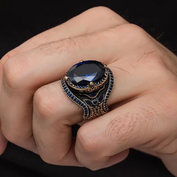 Parlament Mavisi Taşlı 925 Gümüş Erkek Yüzük - 8