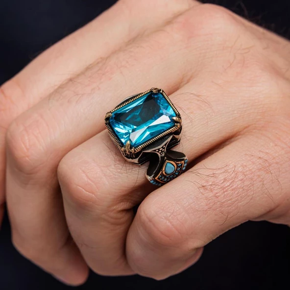 Kare Aqua Mavi Taşlı 925 Gümüş Erkek Yüzük - Resim 6