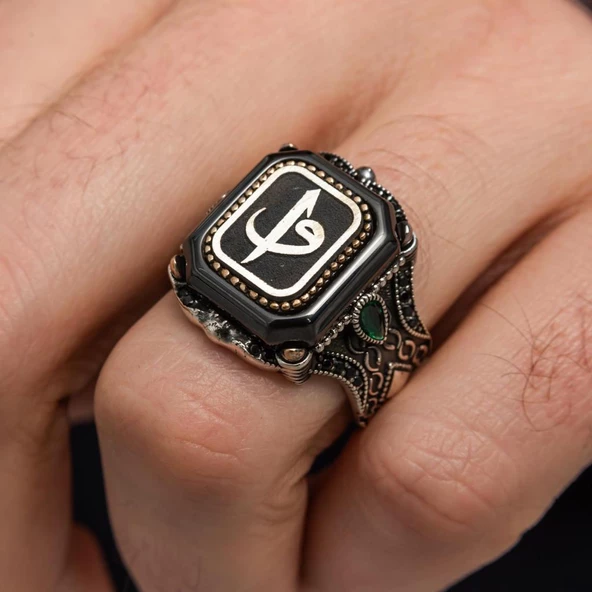 Kare Elif Vav Harfli 925 Gümüş Erkek Yüzük - Resim 8