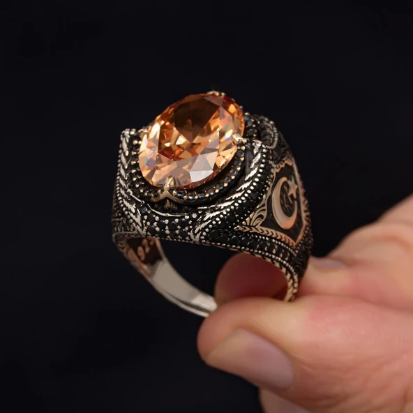 Ayyıldız Desenli 925 Gümüş Erkek Yüzük - Resim 4