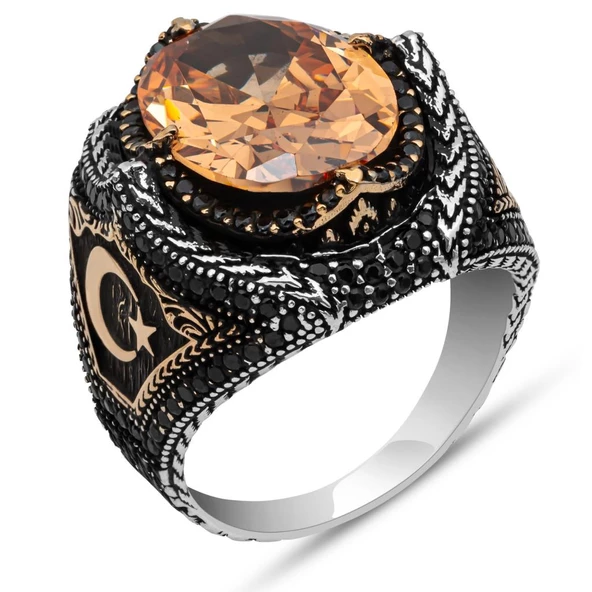 Ayyıldız Desenli 925 Gümüş Erkek Yüzük - Resim 2