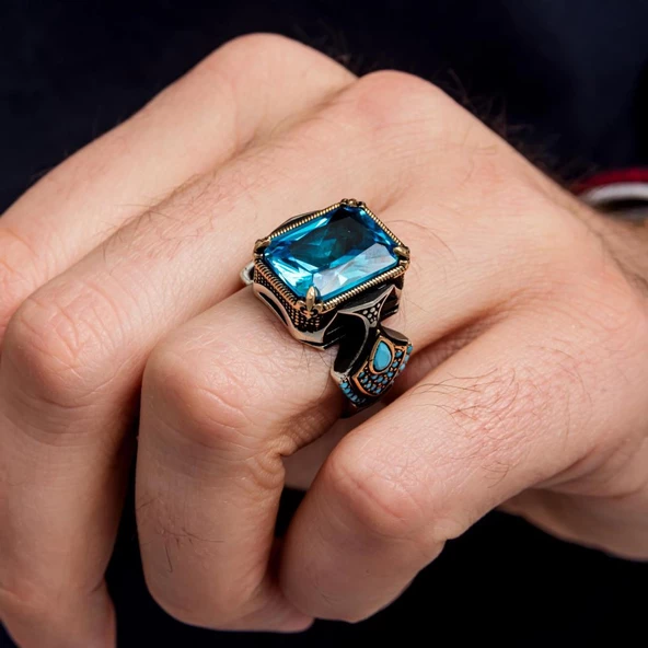 Kare Aqua Mavi Taşlı 925 Gümüş Erkek Yüzük - Resim 3