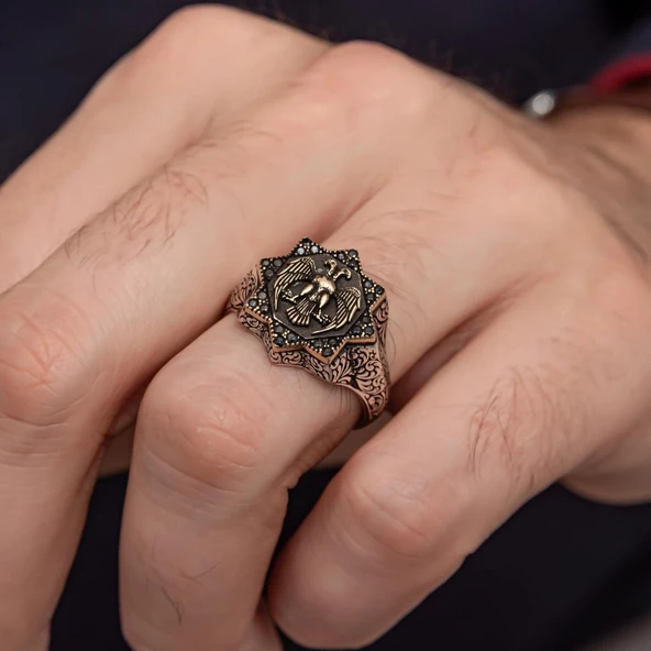 Çift Başlı Kartal Motifli 925 Gümüş Erkek Yüzük - Resim 6