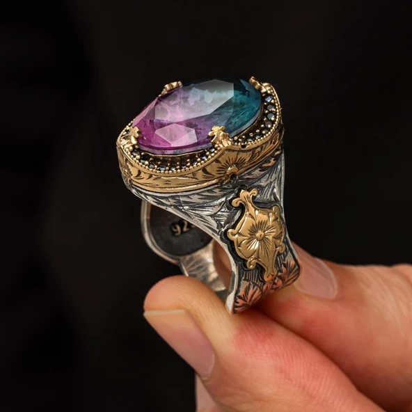 Turmolin Taşlı 925 Gümüş Erkek Yüzük - 5