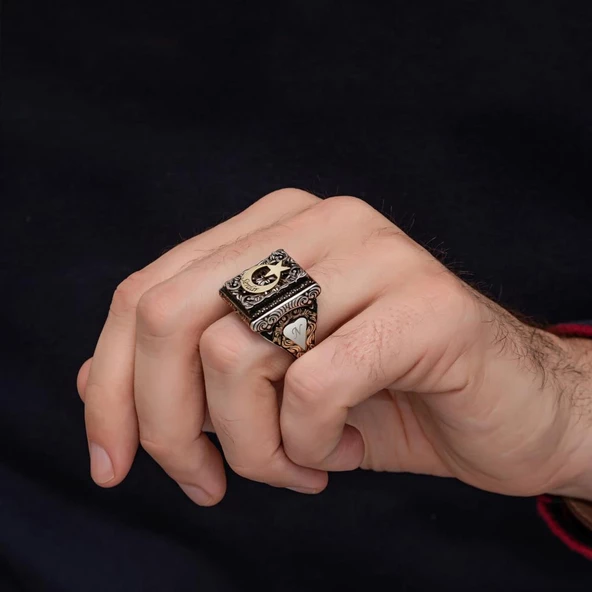 Ayyıldız Desenli İsimli 925 Gümüş Erkek Yüzük - Resim 4