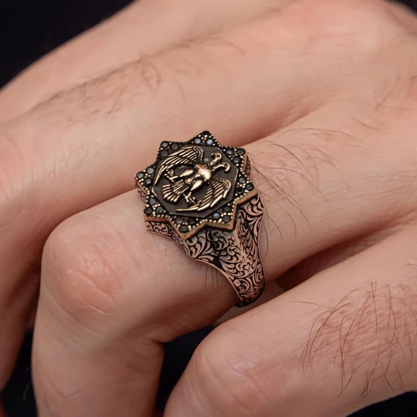 Çift Başlı Kartal Motifli 925 Gümüş Erkek Yüzük - Resim 3