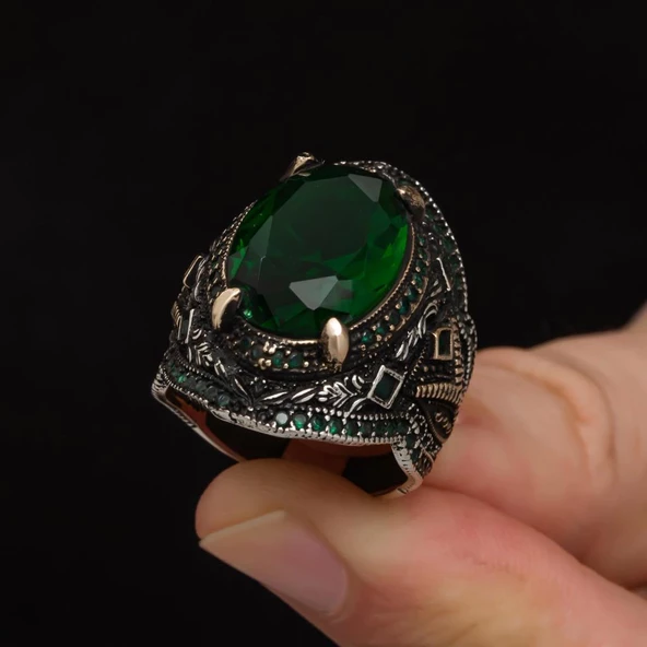 Yeşil Taşlı Oval 925 Gümüş Erkek Yüzük - Resim 5