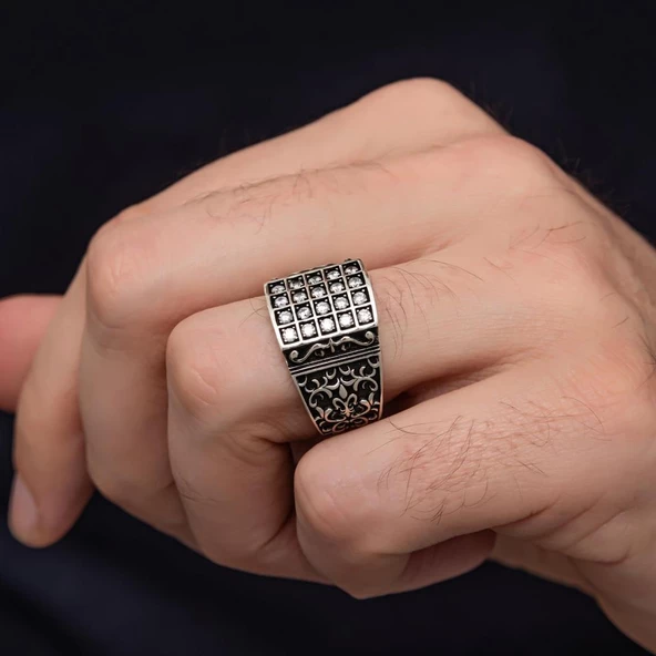 Zirkon Beyaz Sıra Taşlı 925 Gümüş Erkek Yüzük - Resim 6