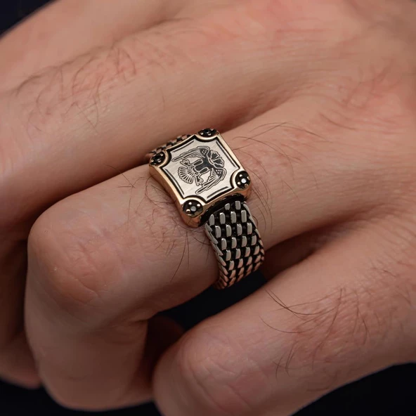 Selçuklu Devleti Çift Başlı Kartal 925 Gümüş Erkek Yüzük - Resim 3