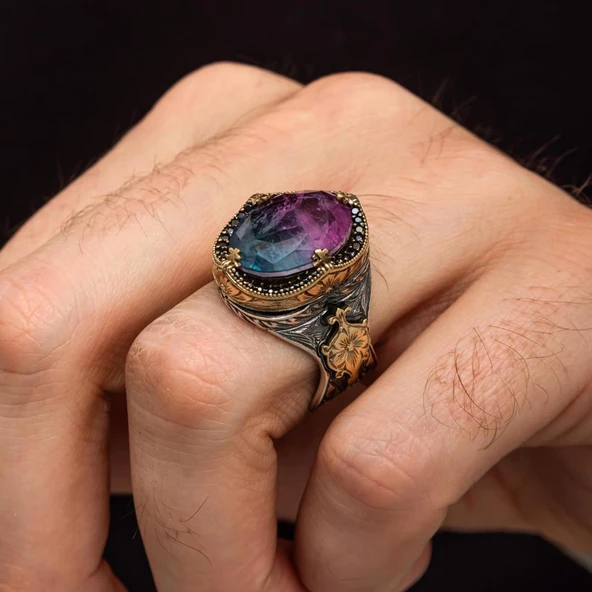 Turmolin Taşlı 925 Gümüş Erkek Yüzük - 3