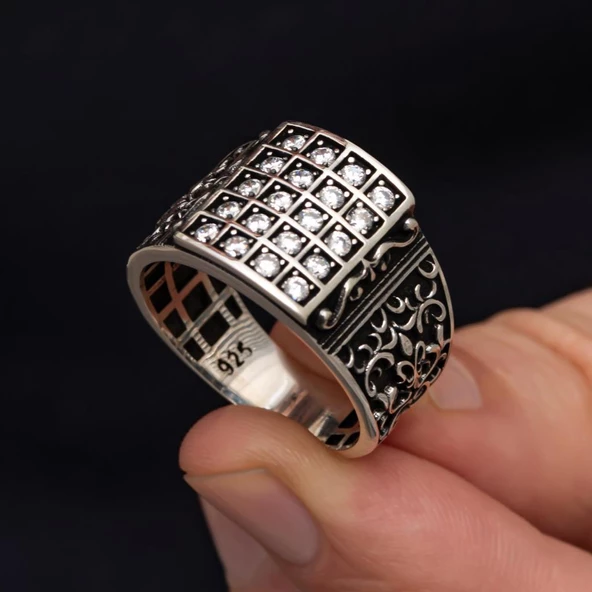 Zirkon Beyaz Sıra Taşlı 925 Gümüş Erkek Yüzük - Resim 4