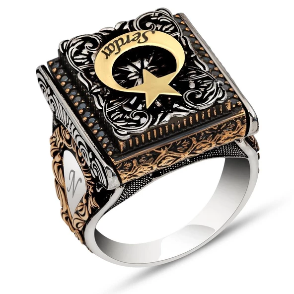 Ayyıldız Desenli İsimli 925 Gümüş Erkek Yüzük - Resim 2